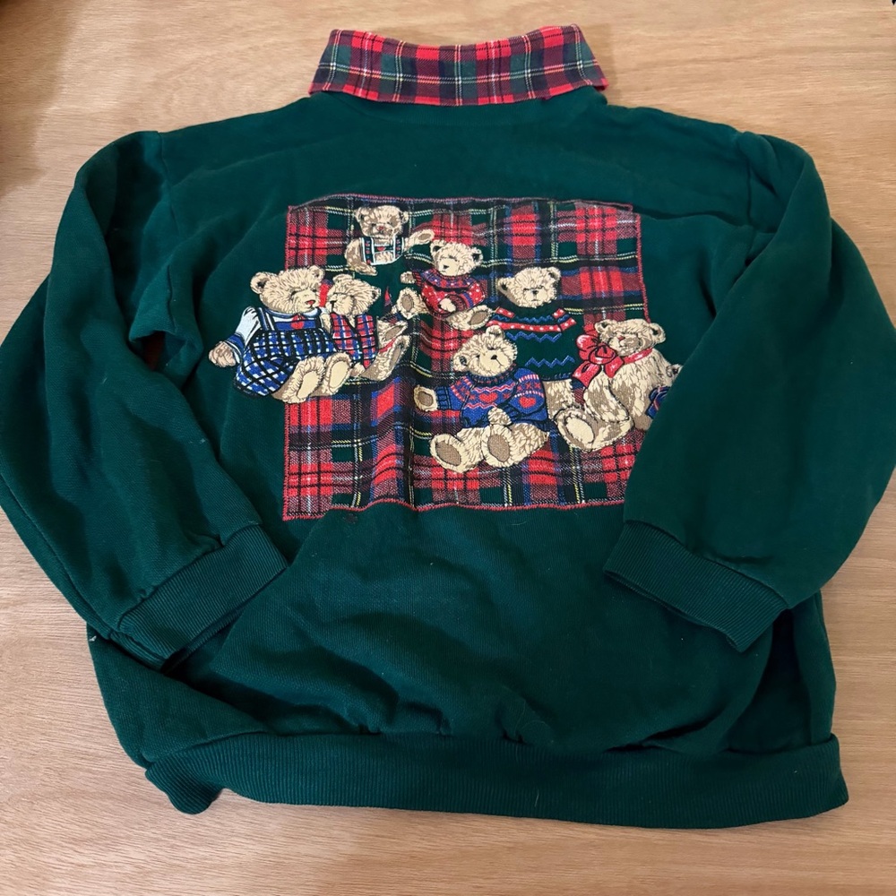 Vintage Kids Green Teddy Bear Holiday Sweatshirt Built-In Turtleneck M 8 10